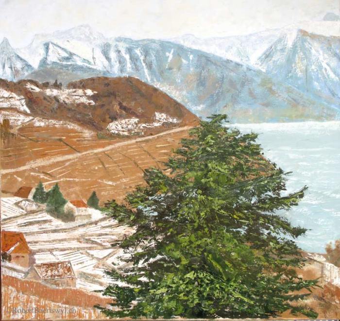 peinture de la vue sur le Léman et les Alpes depuis Grandvaux