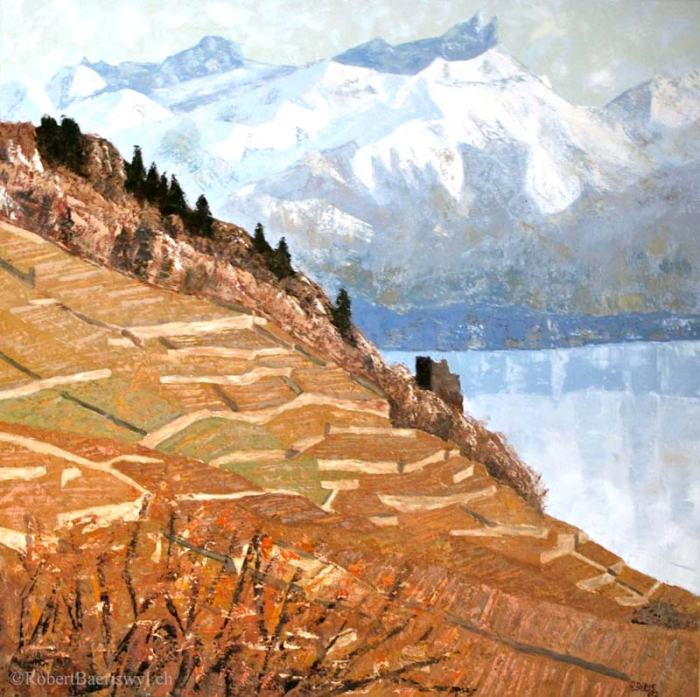 peinture de la Tour de Marsens avec dans le fond le Léman et la Tour d'Ai