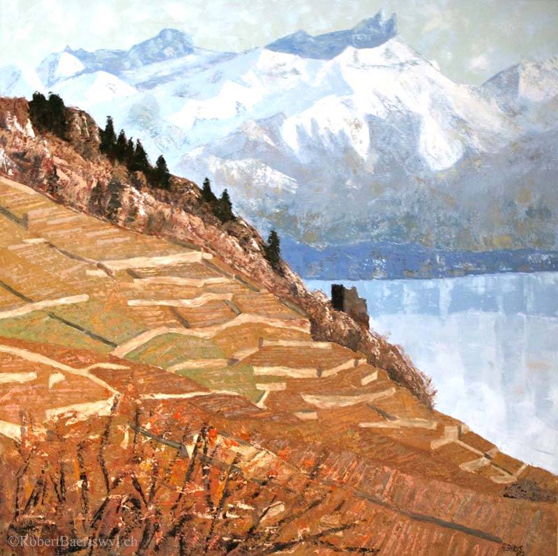 peinture de la Tour de Marsens avec dans le fond le Léman et les Dents de Morcles