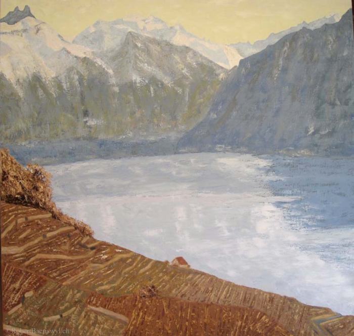peinture du Chablais, du Léman et des Alpes depuis le Lavaux en automne