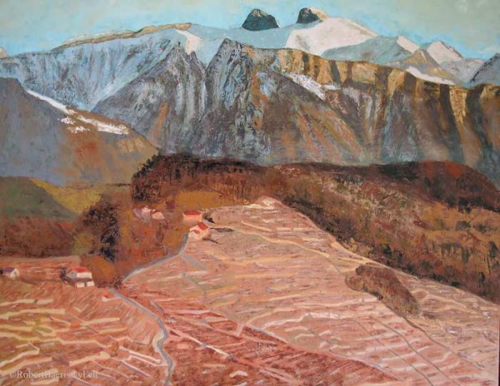 peinture de la Tour d'Aï et des vignes en avant plan