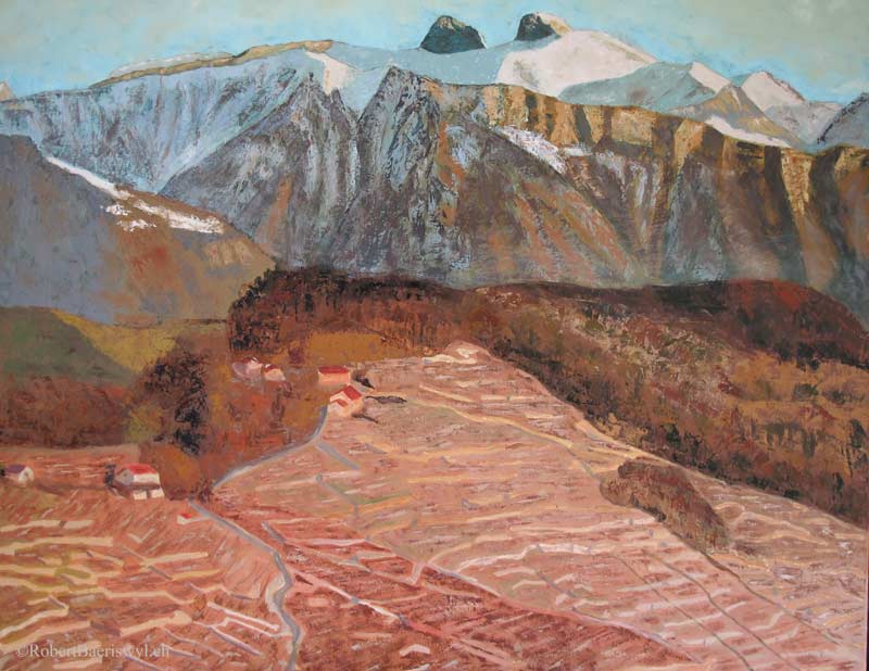 peinture de la Tour d'Aï et des vignes en avant plan