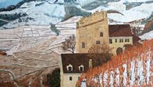 peinture de la Tour de Marsens dans les vignoble du Lavaux en hiver