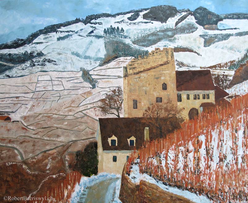 peinture de la Tour de Marsens dans les vignoble du Lavaux en hiver