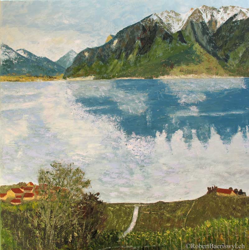 peinture du Léman et de la vallée du Rhone depuis le Lavaux