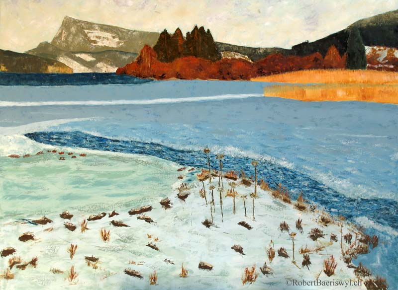 peinture du lac de la vallée de Joux en hiver