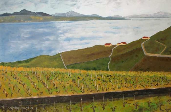 peinture des vignes et du Léman depuis Riex