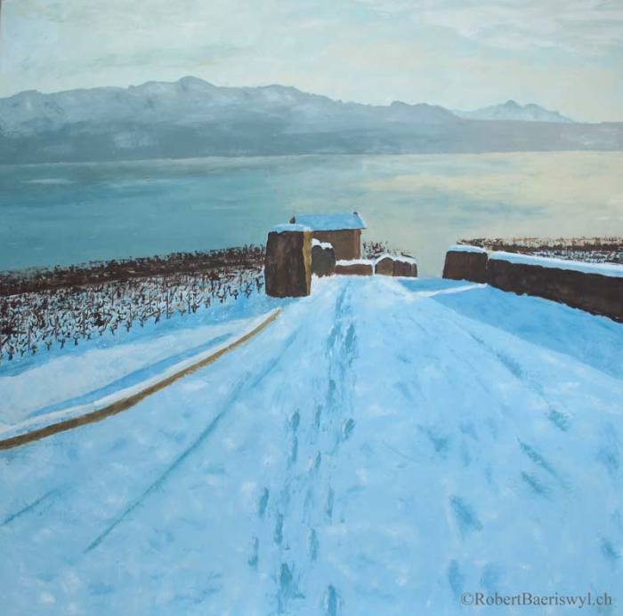 peinture de "La Capite" sur fond de neige et du Léman