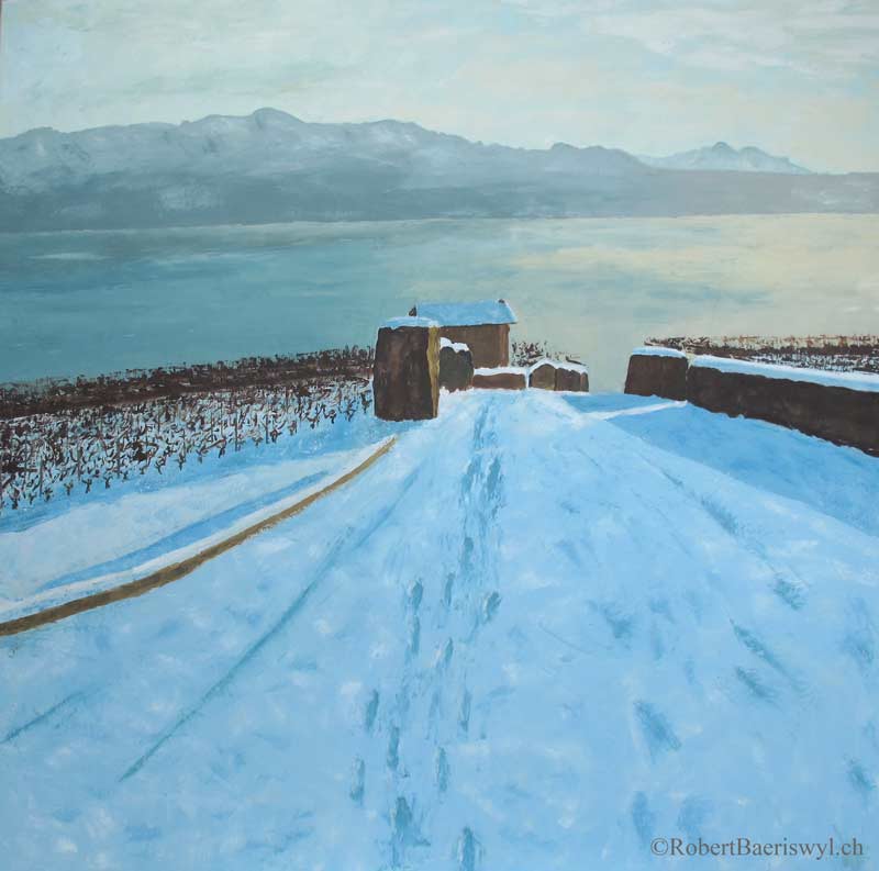 peinture de "La Capite" sur fond de neige et du Léman