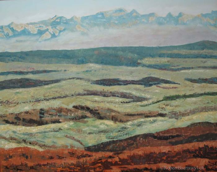 peinture de la plaine vaudoise et des Alpes depuis Juriens