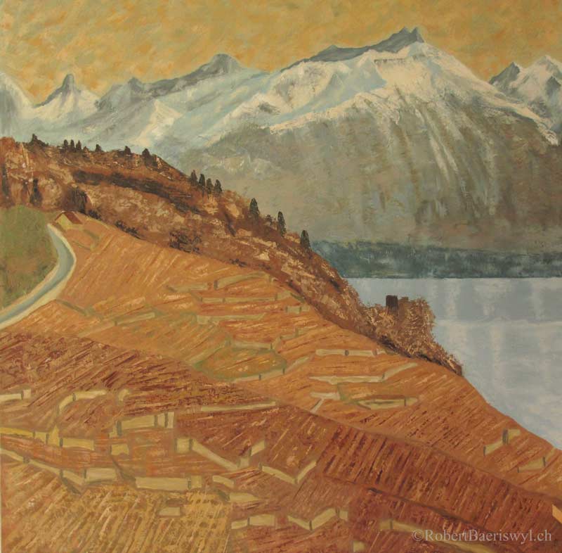 peinture de la vue sur les Alpes et le Léman depuis la Tour de Marsens