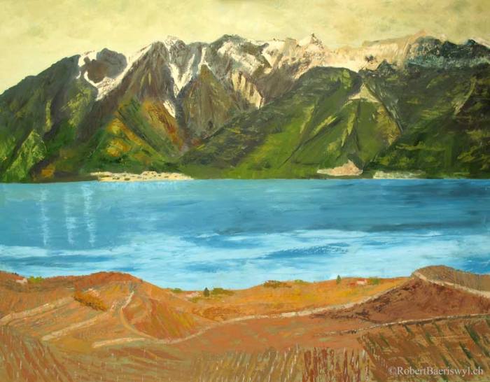 peinture du Gramont et du Léman depuis les vignobles de Lavaux