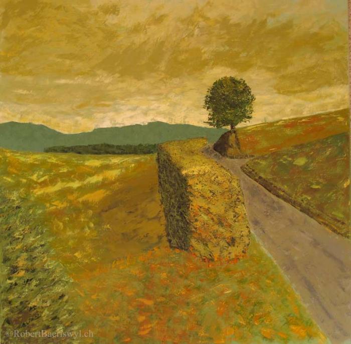 peinture d'une route de campagne dominée par un arbre solitaire, près de Romainmôtier