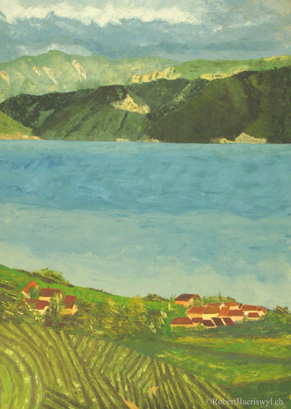 peinture du Léman et des Alpes depuis Epesses dans le Lavaux