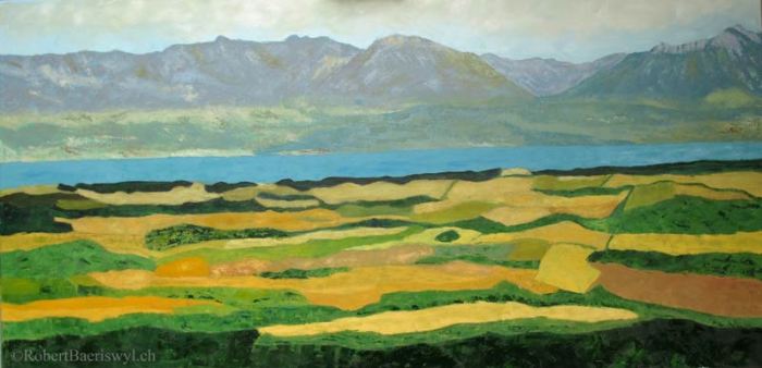 peinture de la vue sur la plaine vaudoise et le Léman depuis Pailly