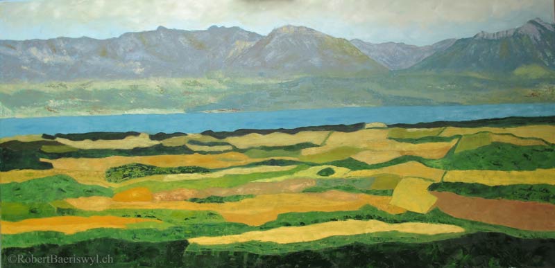 peinture de la vue sur la plaine vaudoise et le Léman depuis Pailly