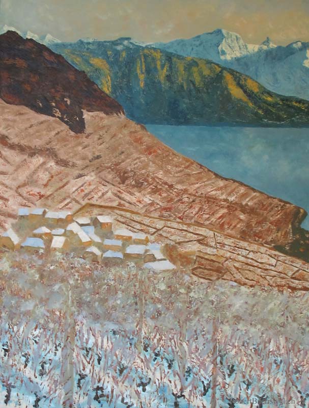 Peinture du Muveran depuis le Lavaux en hiver