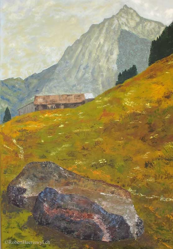 peinture d'un chalet et des montagnes dans la vallée du Kiental dans les Alpes Bernoises