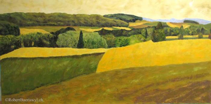 peinture des champs de colza en fleur dans la campagne pres de Chevilly