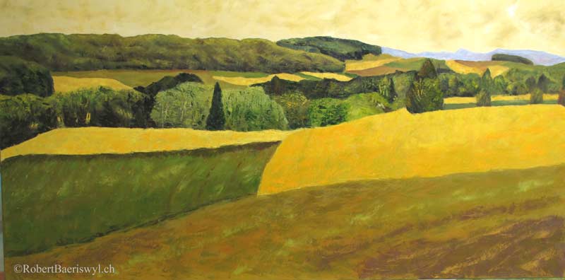 peinture des champs de colza en fleur dans la campagne pres de Chevilly