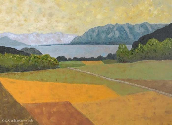 peinture du Léman et des Alpes depuis la campagne au-dessus de Grandvaux