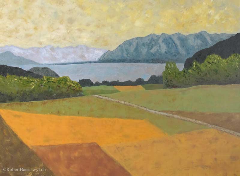 peinture du Léman et des Alpes depuis la campagne au-dessus de Grandvaux