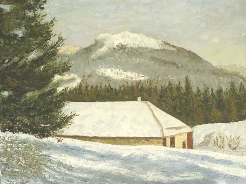 peinture d'un chalet de Premier (Vaud, Suisse) en hiver