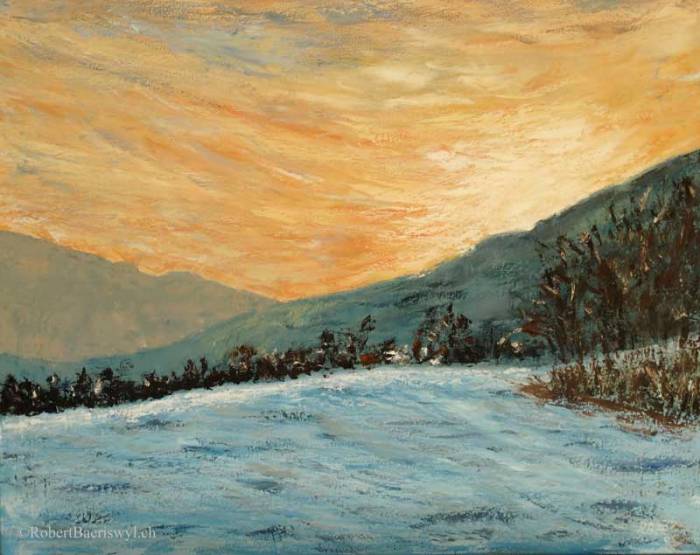 peinture d'un coucher de soleil hivernal dans le Jura suisse