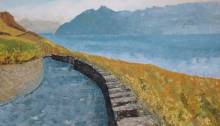 peinture d'un chemin de vigne dans le Lavaux, surplombant le Léman