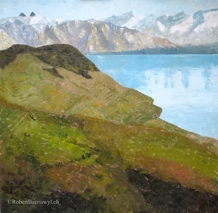 peinture des vignobles de lavaux et de la tour d'Aï surplombant le Léman