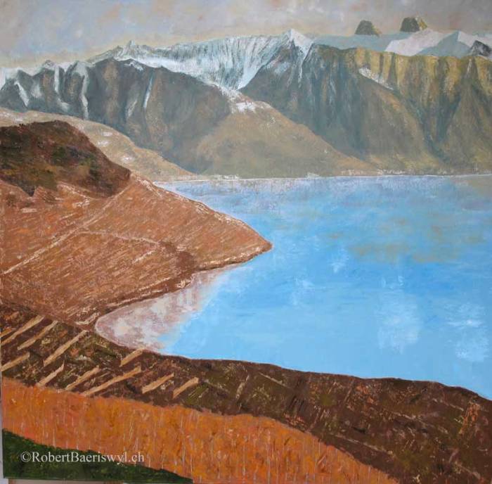 peinture des vignobles de lavaux et de la tour d'Aï surplombant le Léman en automne