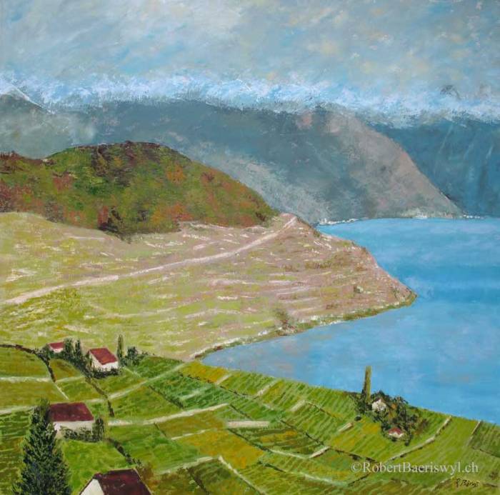 peinture des vignobles de lavaux surplombant le Léman, la tour d'Aï est dans les nuages