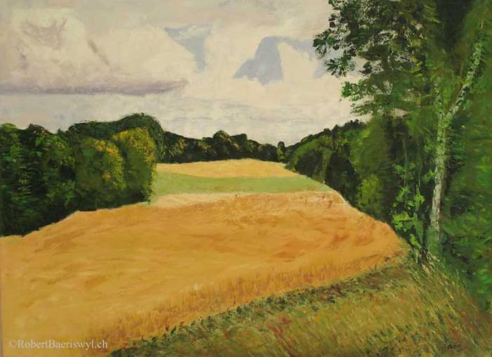 peinture à l'huile portraitant un champ de blé dans la campagne près de Romainmôtier