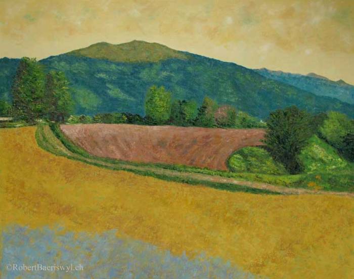 peinture du sommet du Suchet, un sommet du Jura suisse, vu depuis le village de Juriens