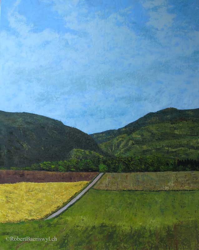 peinture de l'arrivée au village de Ste-Croix dans le Jura suisse